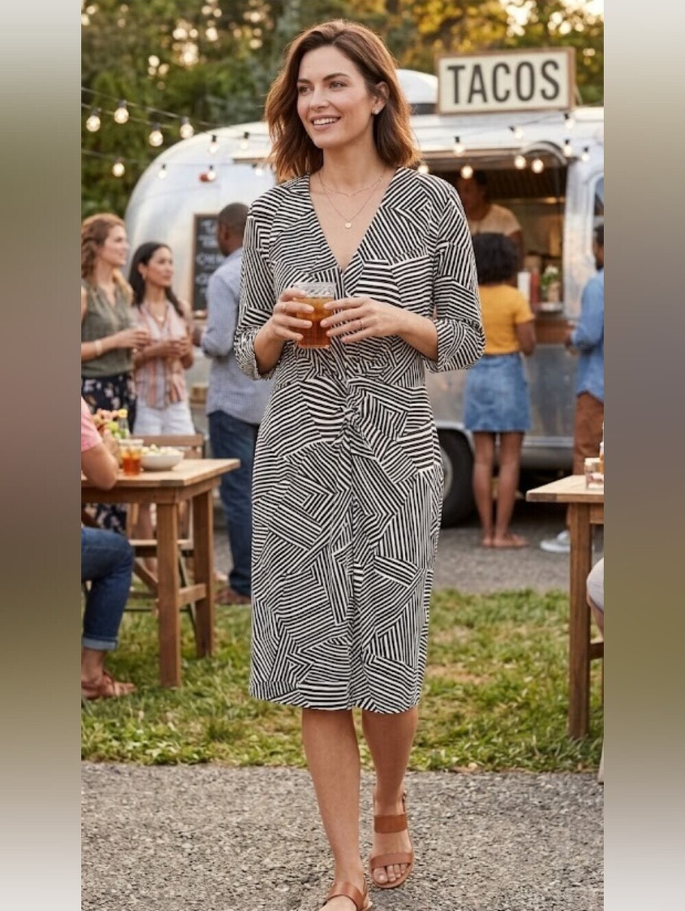 CAbi Black and Tan Geometric Wrap-Style Midi Dress